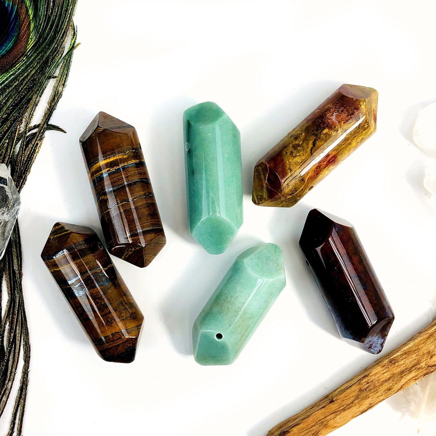 tigers eye green aventurine jasper  showing various characteristics and view of top driller hole