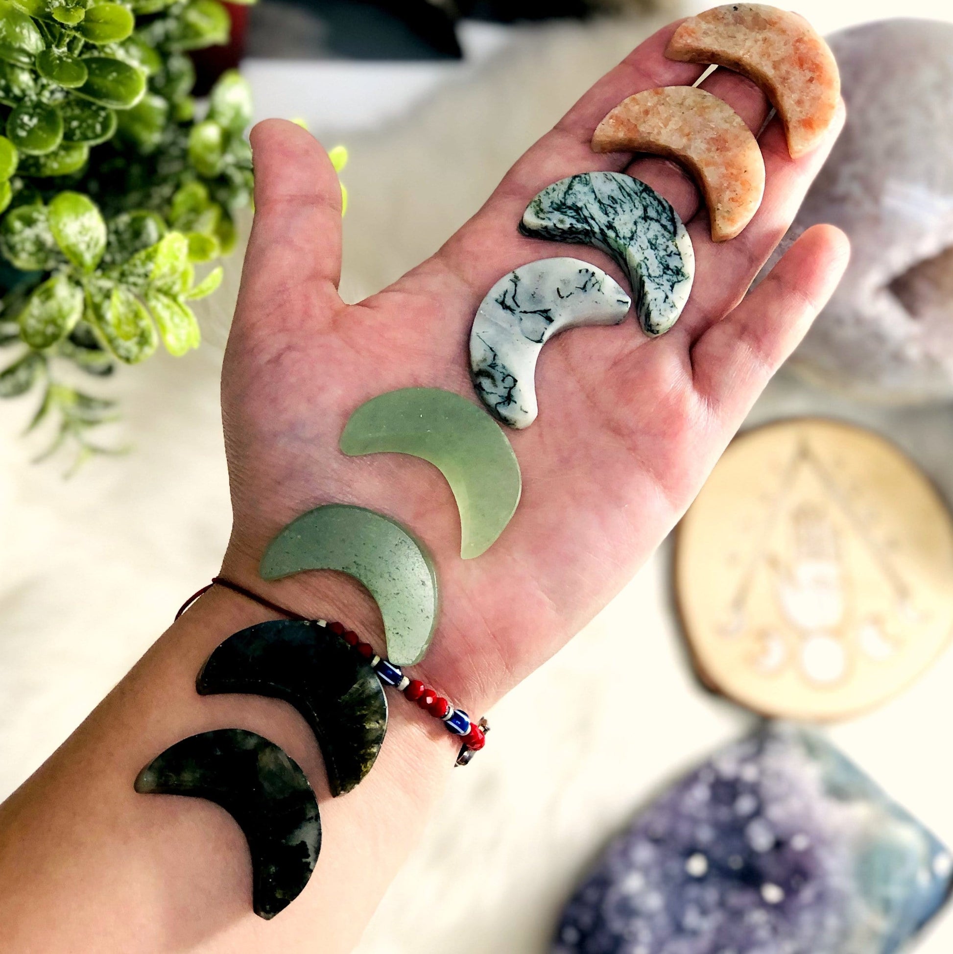 Gemstone Moon Phase shape Moss Agate  Half Labradorite  Half Sunstone Half Aventurine Half Rose Quartz Half Sodalite Half shown on hand for size reference