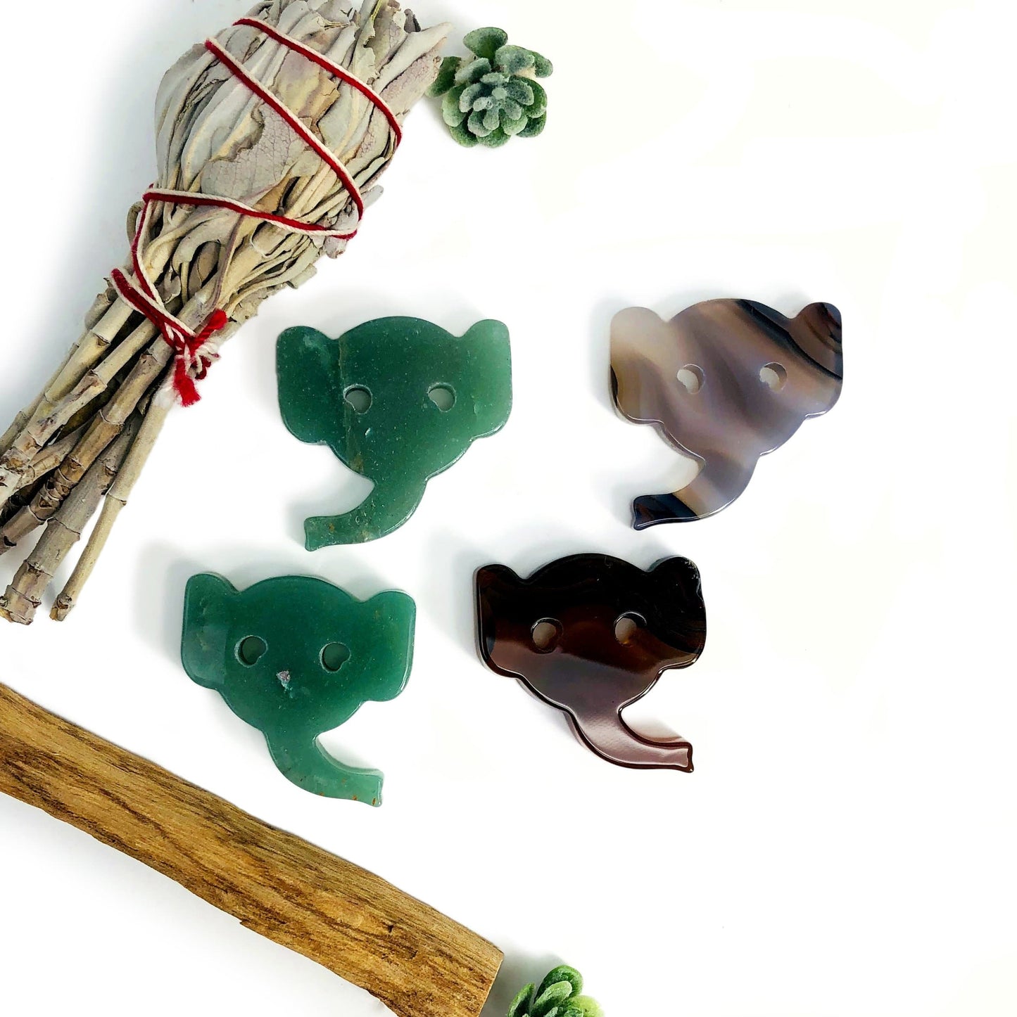 Elephant Gemstone Cabochons next to a sage on a white background 