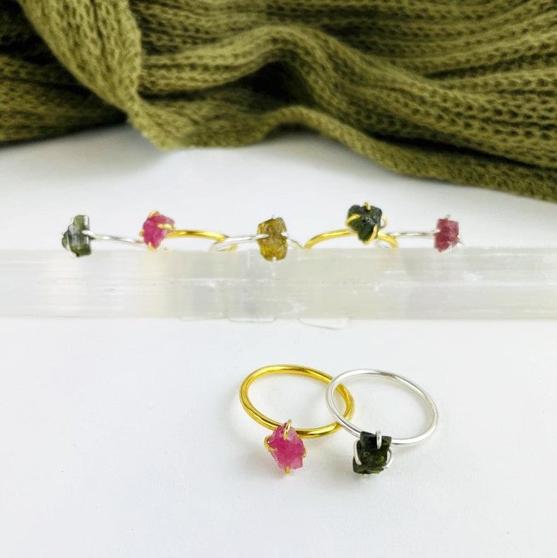 close up of the details on the watermelon tourmaline rings 