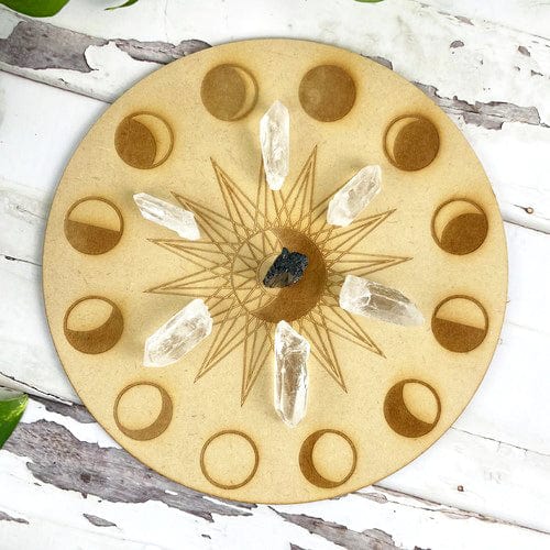 wooden grid with crystals on it