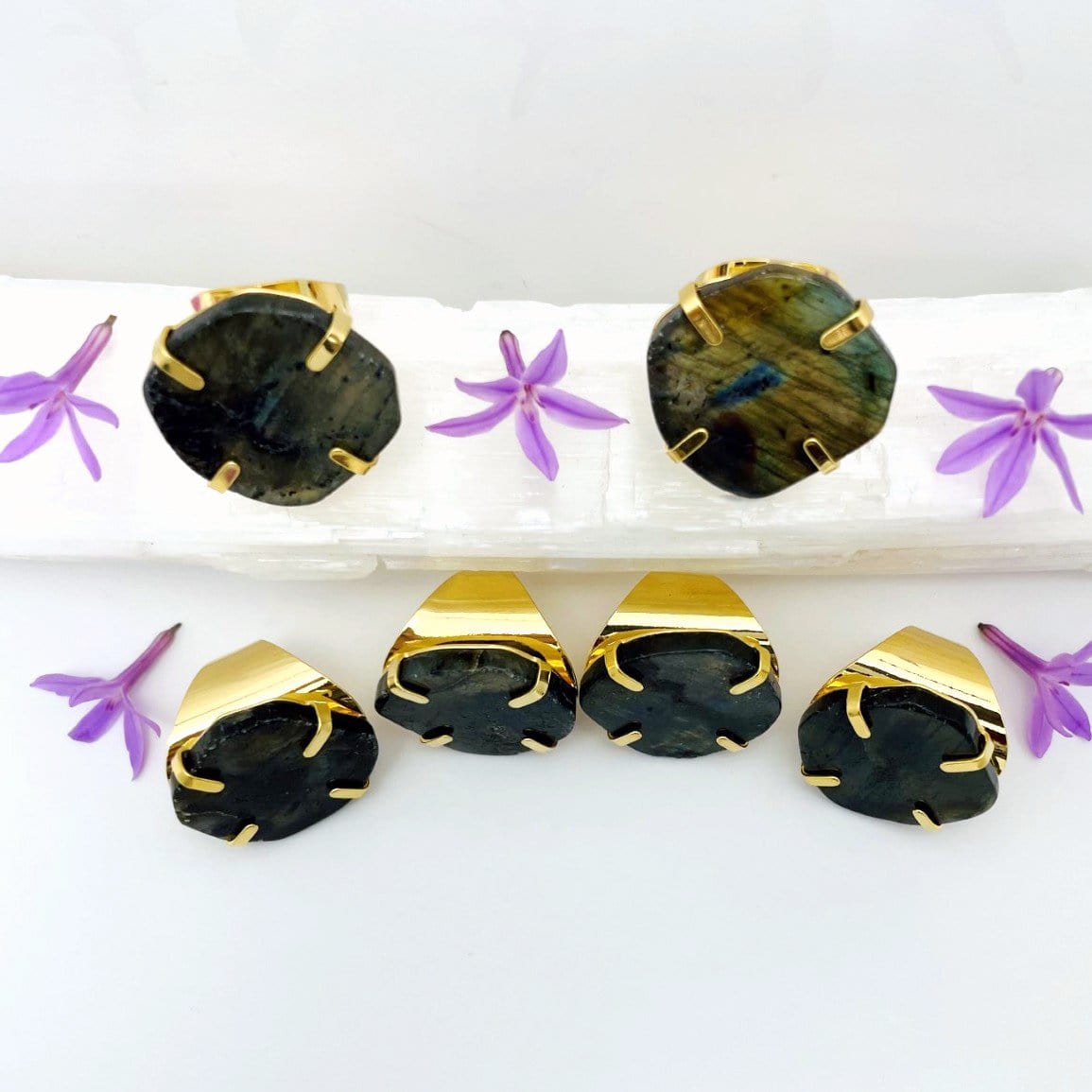 above view of the rings to show thickness of the labradorite stone