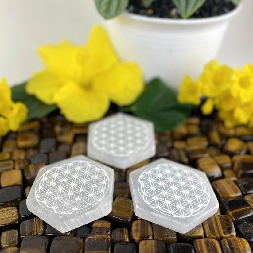 angled view of selenite hexagons engraved with flower of life for thickness