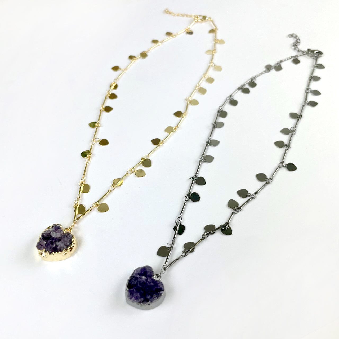  Amethyst Druzy Heart on Sweetheart Necklace with Heart Dangle Chain in  Gold and Gunmetal