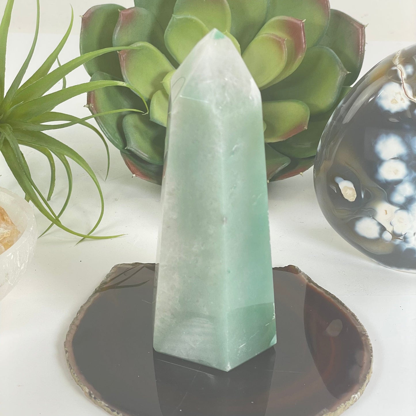 Green and White Quartz Polished Crystal Point - One-of-a-Kind side view