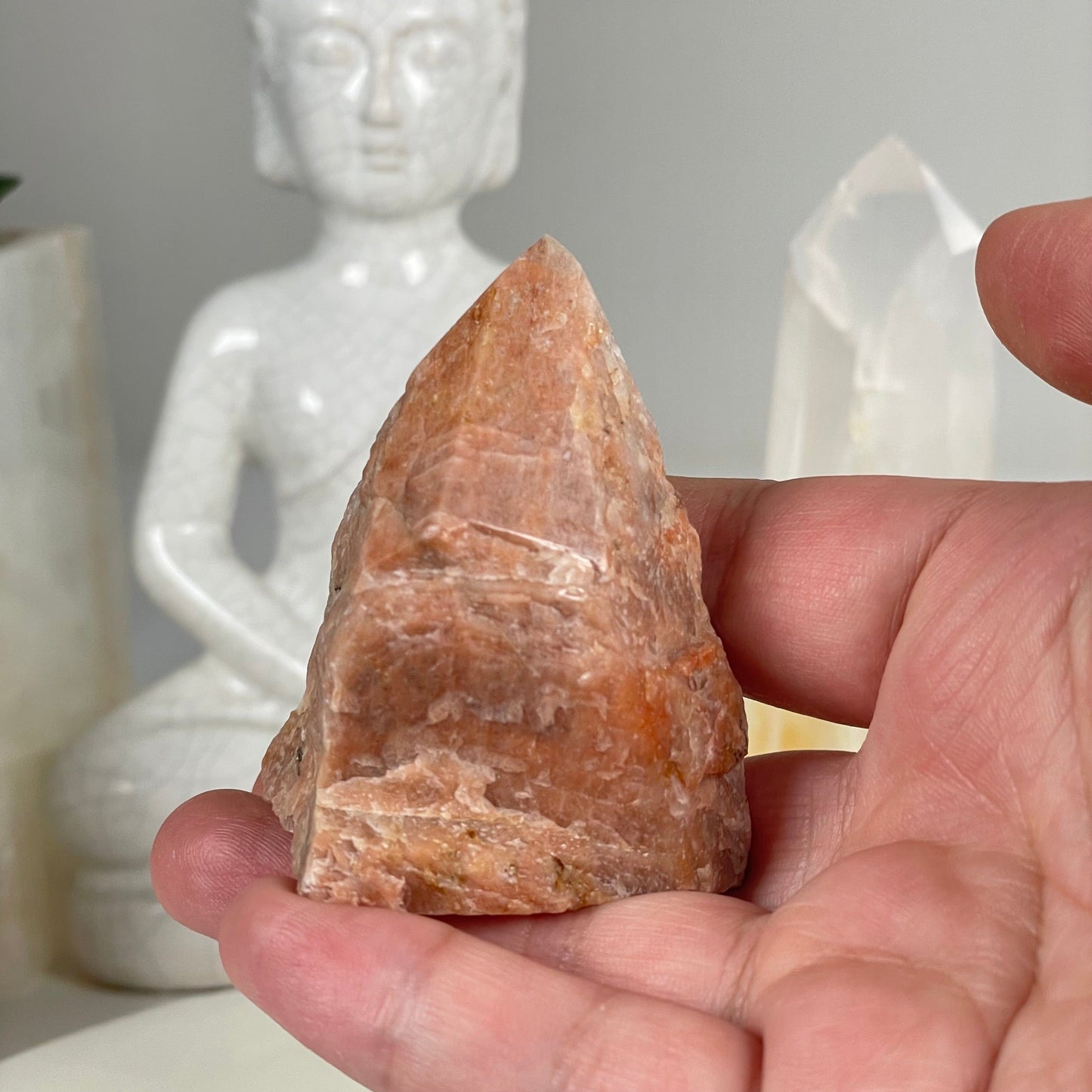 Feldspar Semi Polished Crystal Point - One-of-a-Kind in hand for size reference