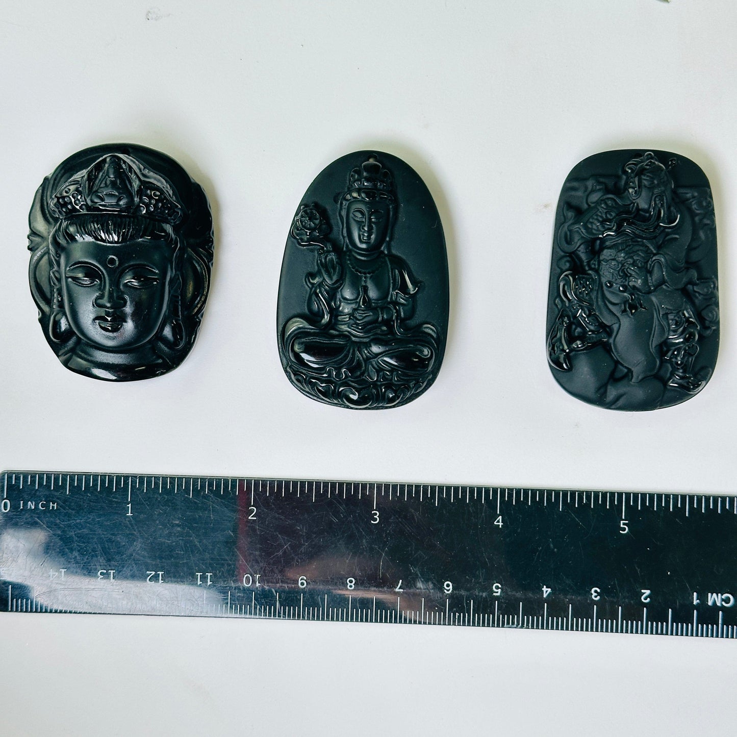 Black Obsidian Buddha Head, Sitting Buddha, or Guan Yu Carved Crystal Pendant - You Choose Style all variants with ruler for size reference