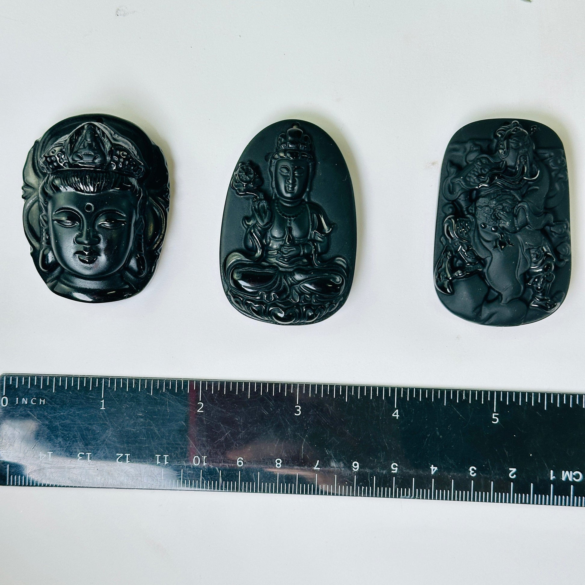 Black Obsidian Buddha Head, Sitting Buddha, or Guan Yu Carved Crystal Pendant - You Choose Style all variants with ruler for size reference