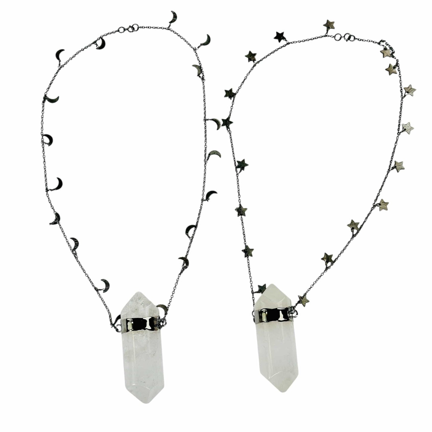 Crystal Quartz Large Pendant with Oxidized Sterling Silver Moon or Star Chain - You Choose Style both necklaces on white background