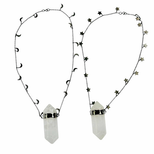 Crystal Quartz Large Pendant with Oxidized Sterling Silver Moon or Star Chain - You Choose Style both necklaces on white background