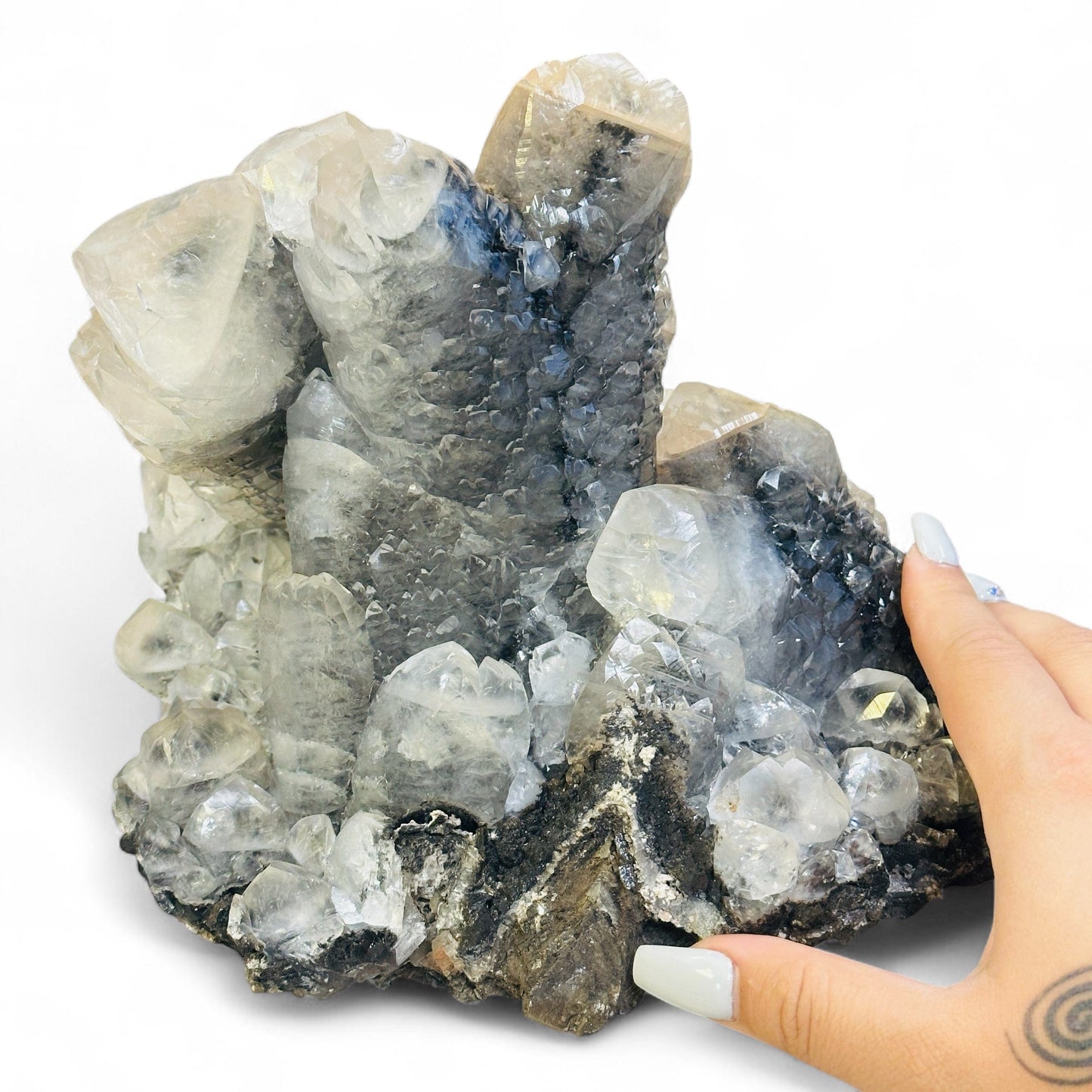  Calcite (Twinned) with Palygorskite and Romanèchite from Mexico - Rare Find with hand for size reference