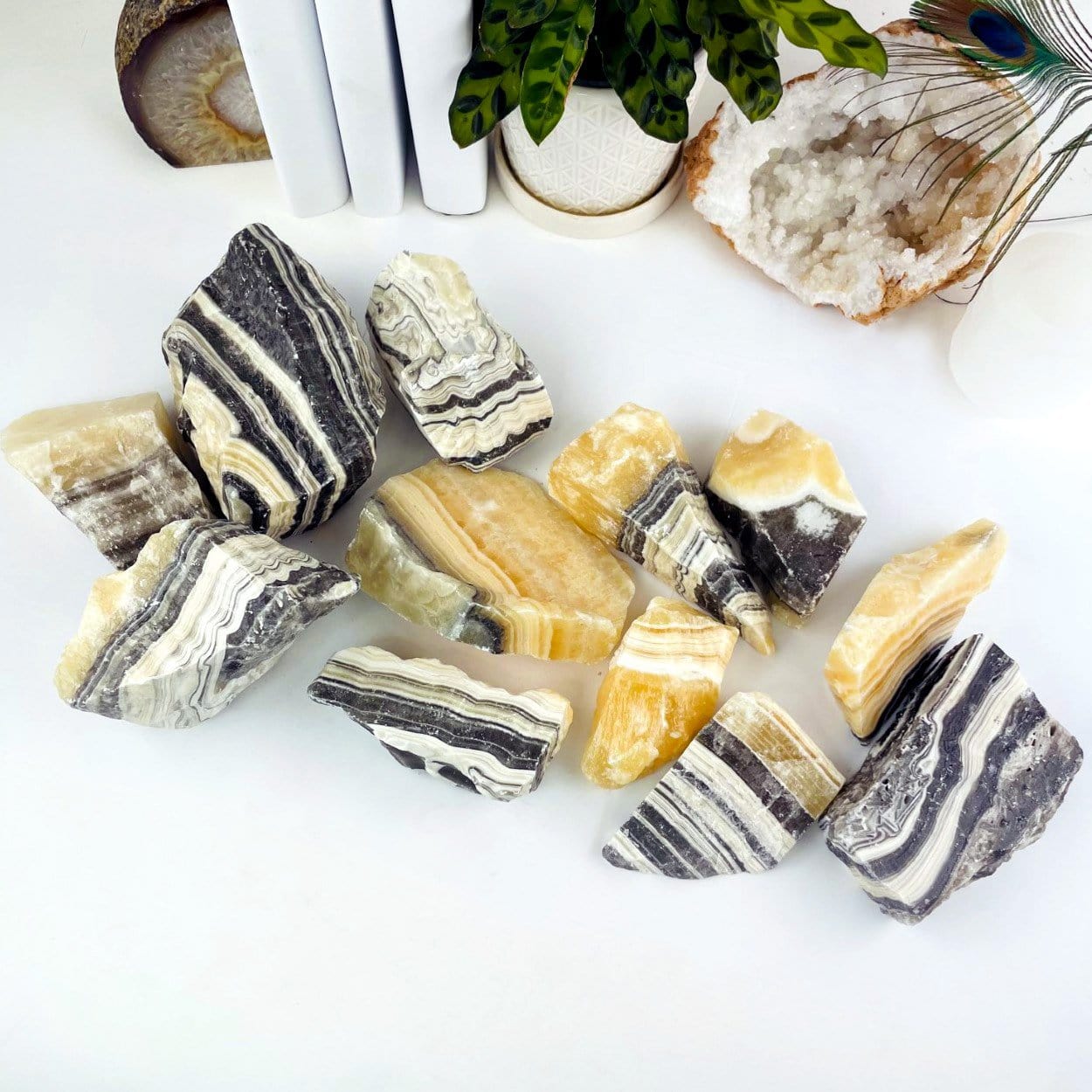 5 kilos worth of Mexican onyx laid out on a table as display.