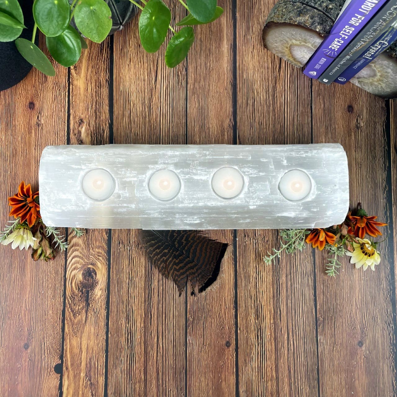 overhead view of 4 votive selenite candle holder