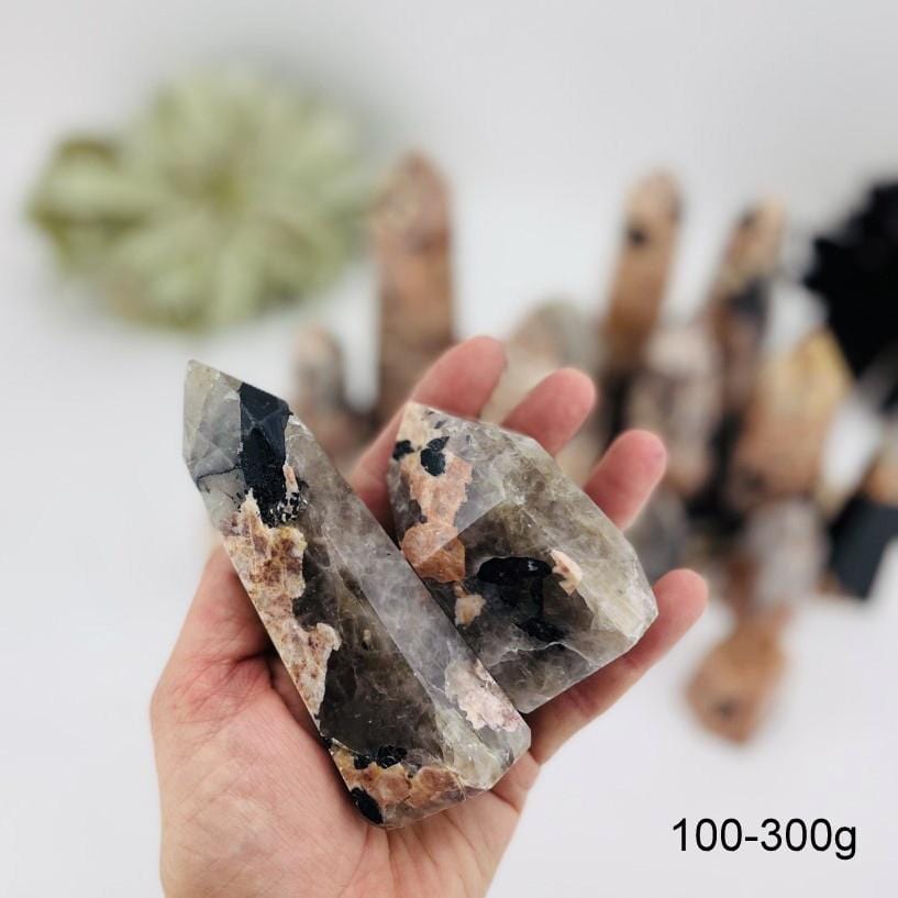 black tourmaline with feldspar polished point in hand for size reference weights between 100-300g