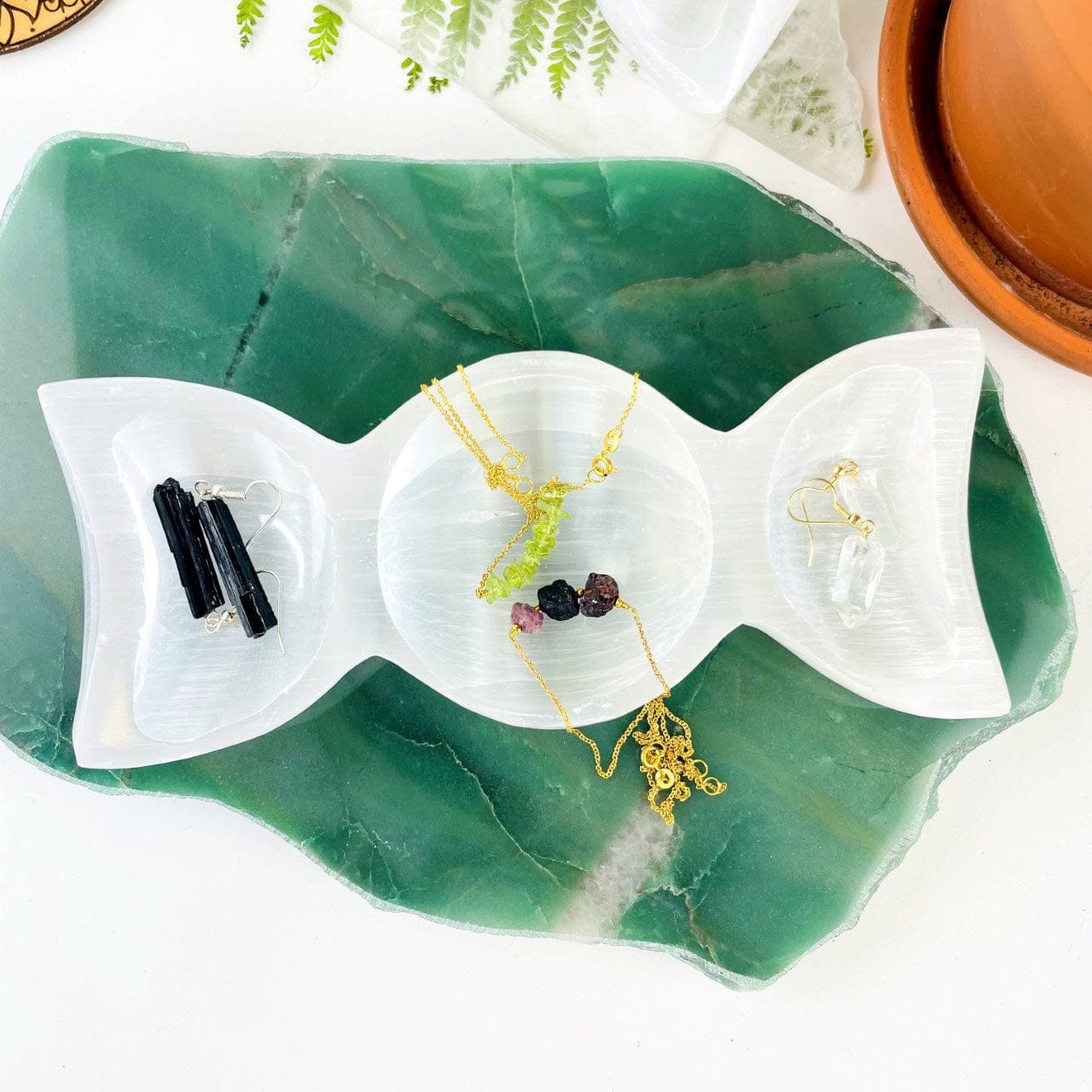 Selenite Triple Moon Goddess Bowl - Moon Phase Charging Station with jewelry inside