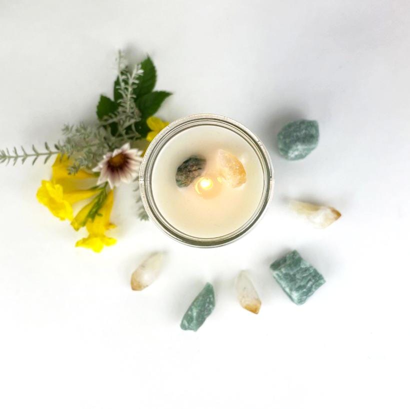 close up of the crystals in the abundance candle 