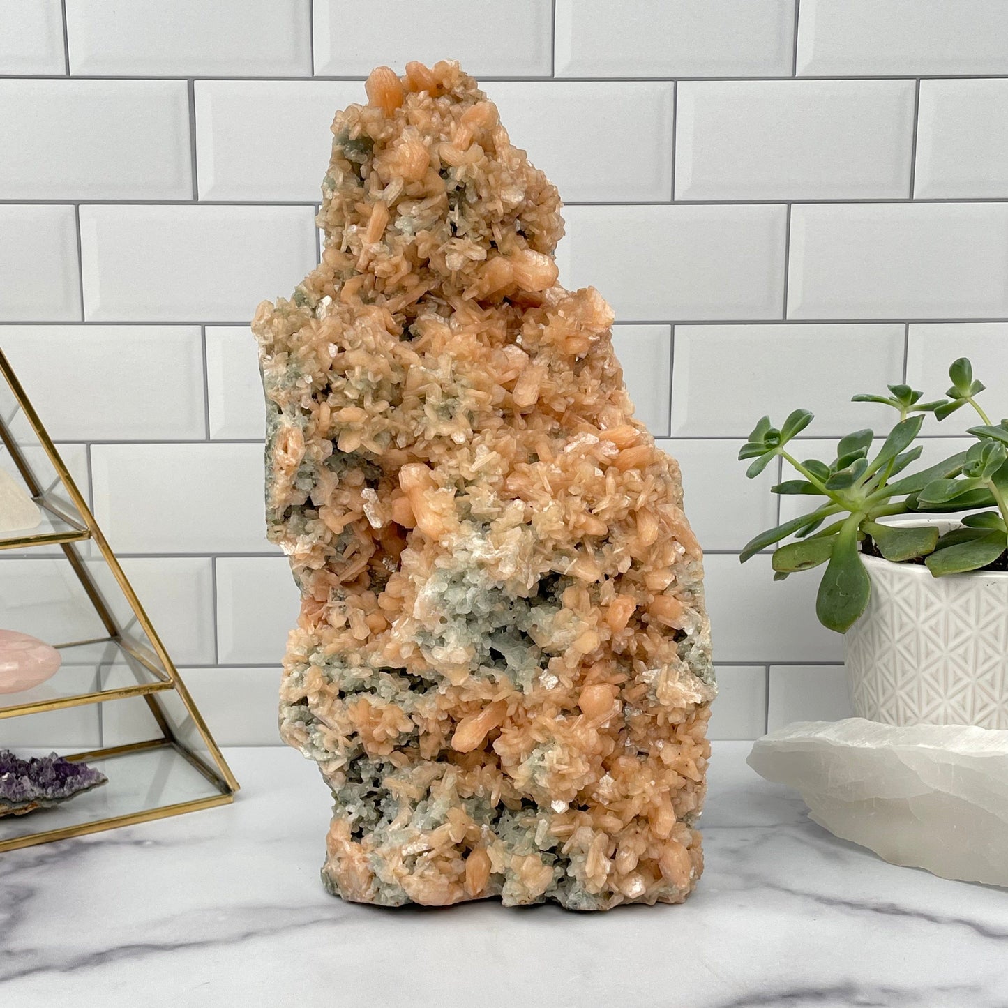 Peach Zeolite And Green Apophyllite Formation displayed as home decor 