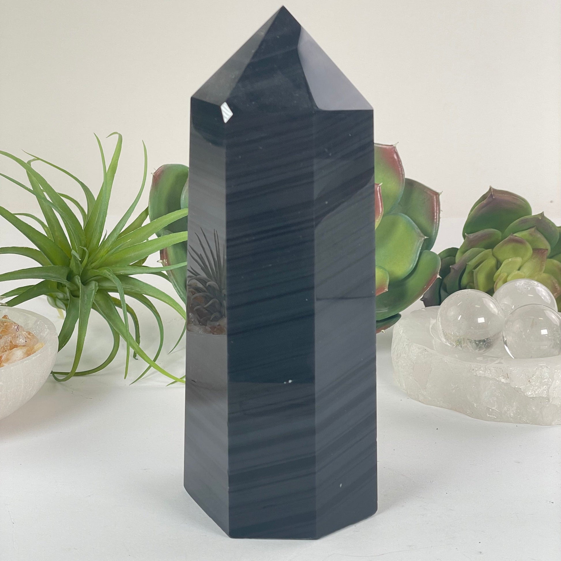 Silver Sheen Obsidian Crystal Obelisk - One-of-a-Kind - front view