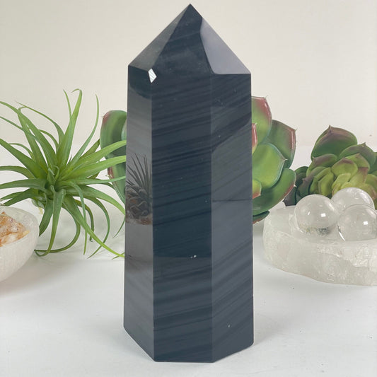 Silver Sheen Obsidian Crystal Obelisk - One-of-a-Kind - front view