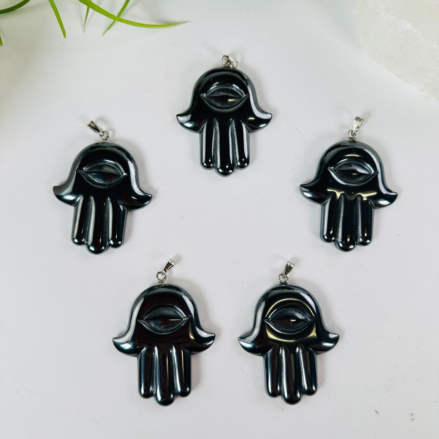 Hematite Hamsa Hand - Hand of Fatima Pendant top view