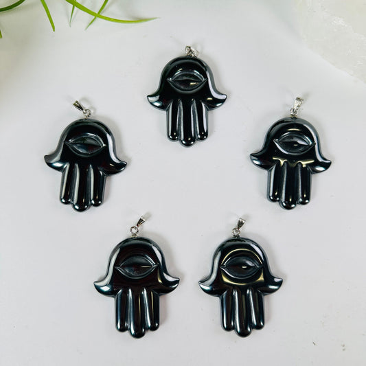Hematite Hamsa Hand - Hand of Fatima Pendant top view