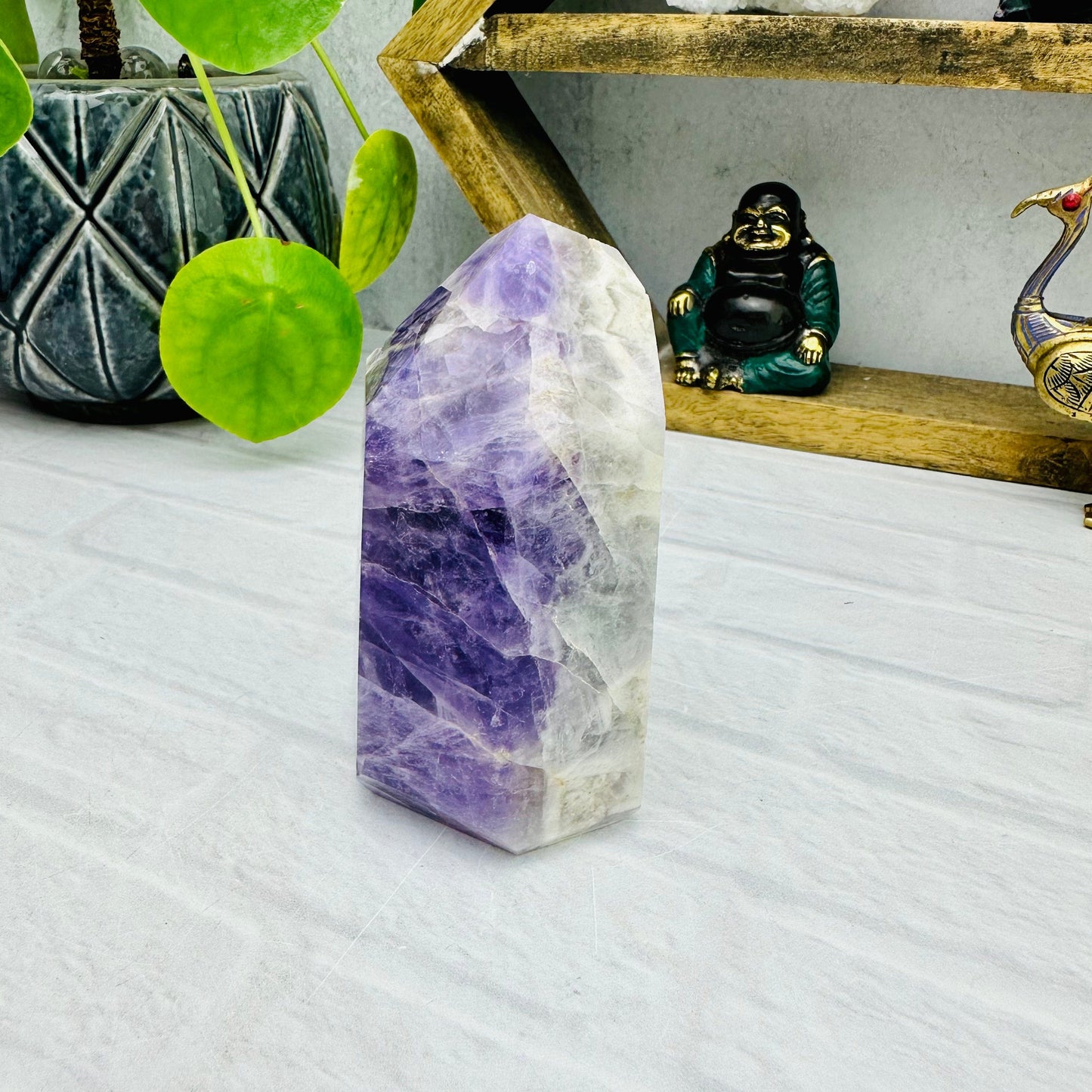  Amethyst Chevron Polished Point - side view of thickness for reference 