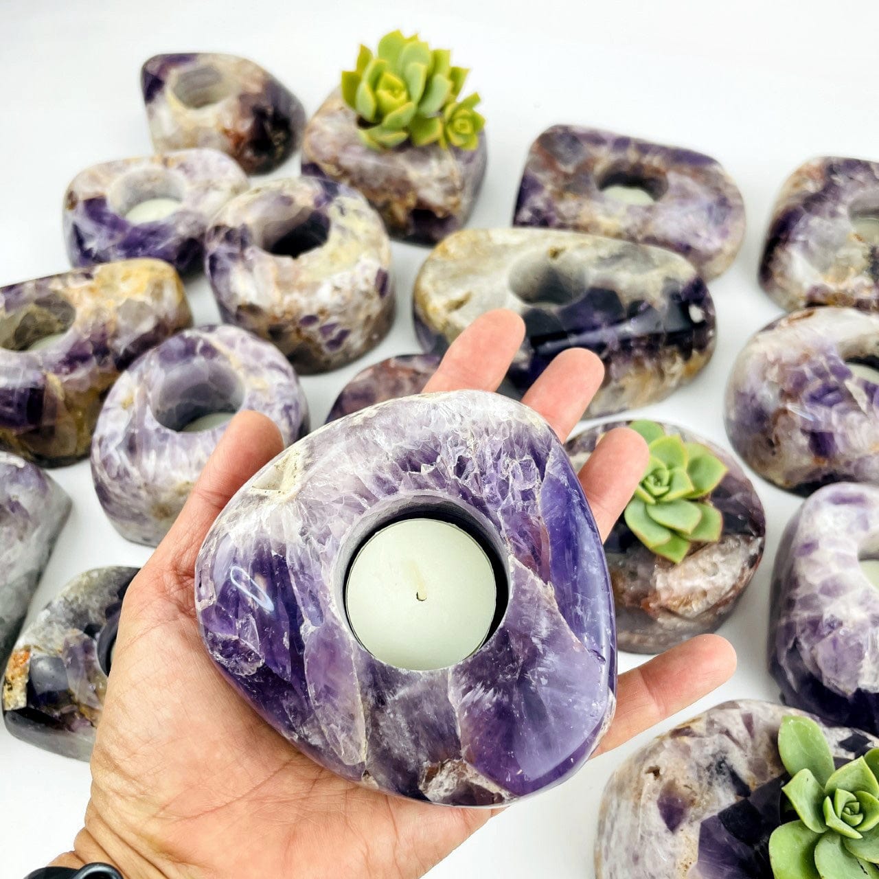 Chevron Amethyst Polished Candle Holder - Freeform Shapes with one in a hand for size