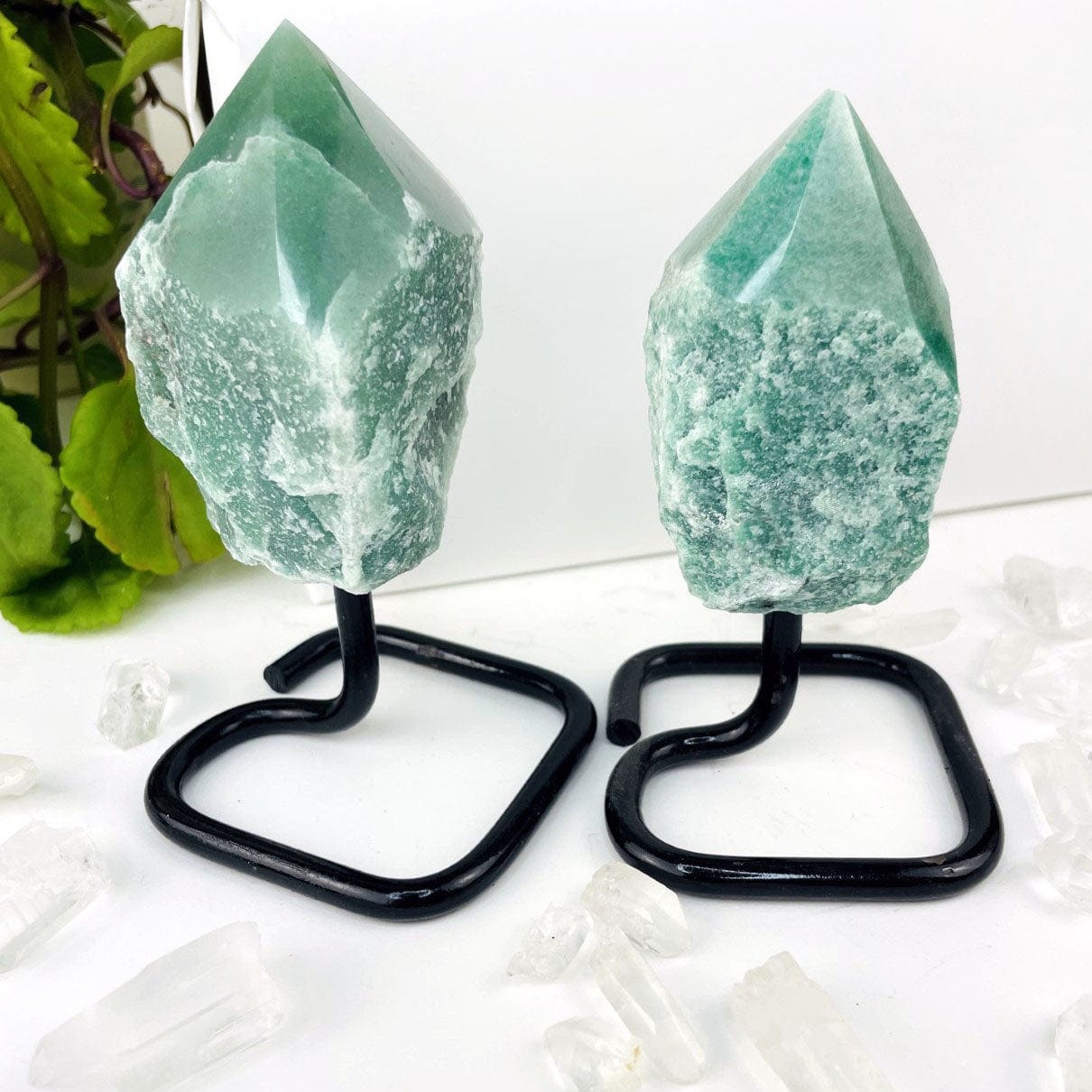 2 green quartz Semi Polished Points on Metal Stands