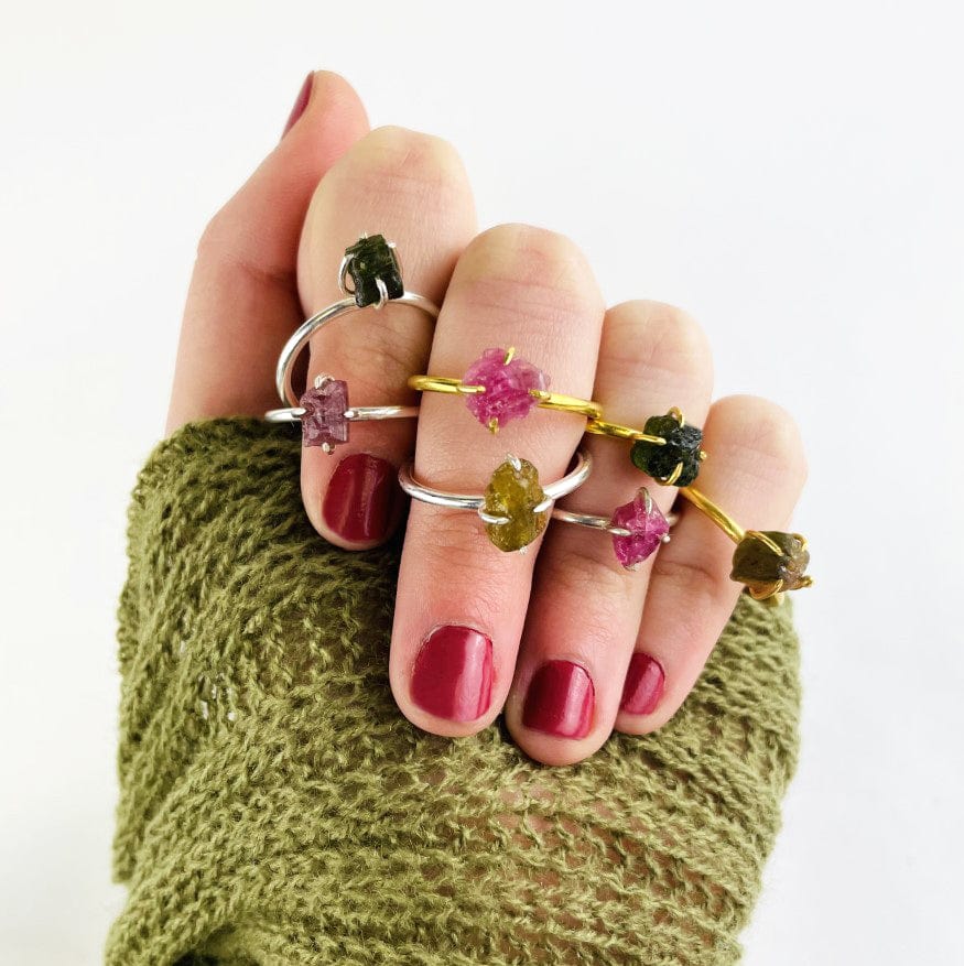 close up of the details on the watermelon tourmaline rings 