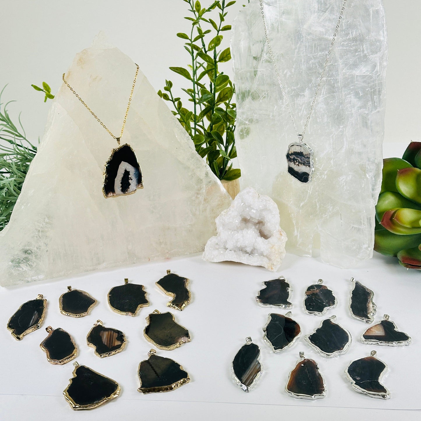Agate Freeform Gold or Silver Plated Crystal Pendant - You Choose Color and Finish black variant lifestyle shot