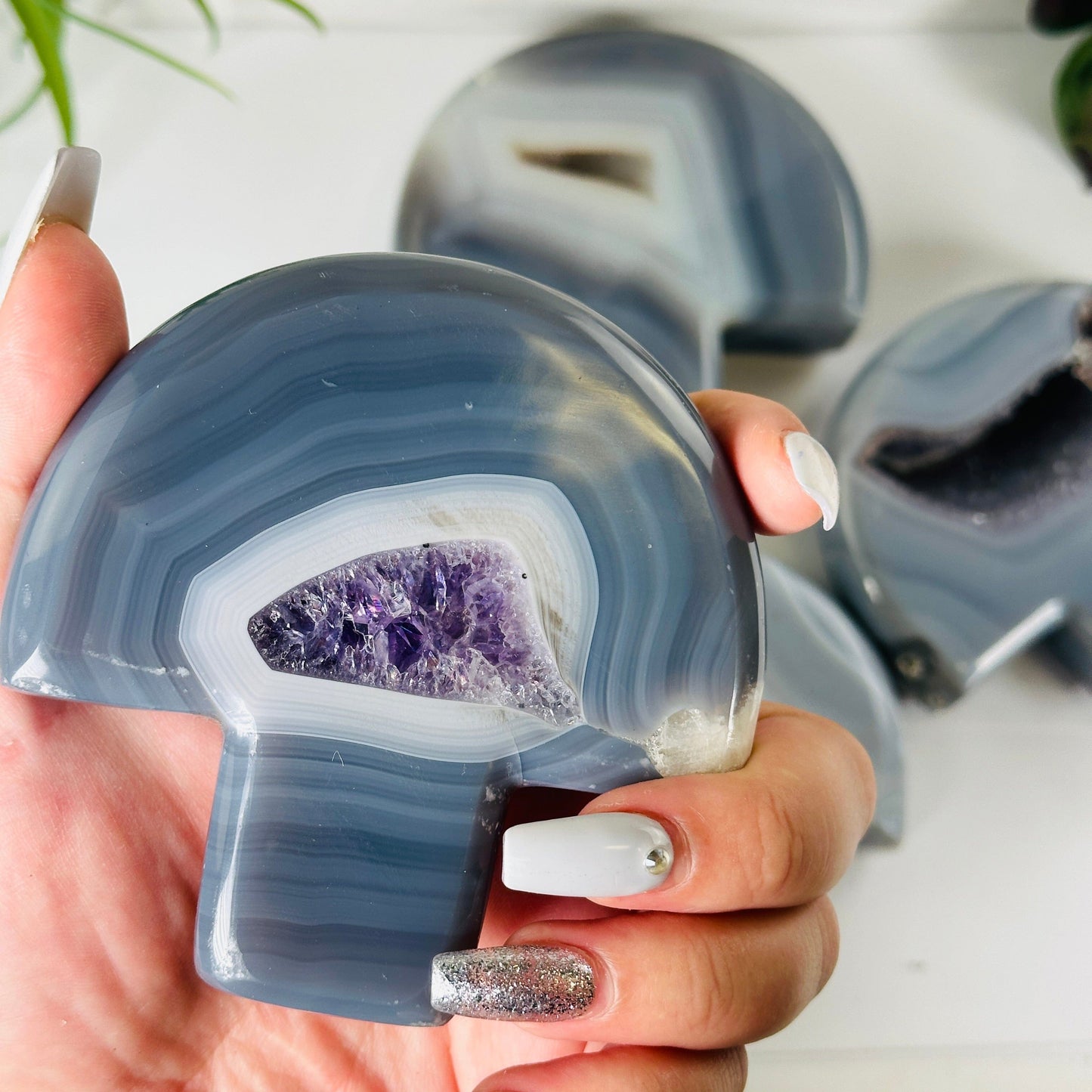 Agate Amethyst Druzy Crystal Mushroom - You Choose variant 1 in hand for size reference with other variants in the background