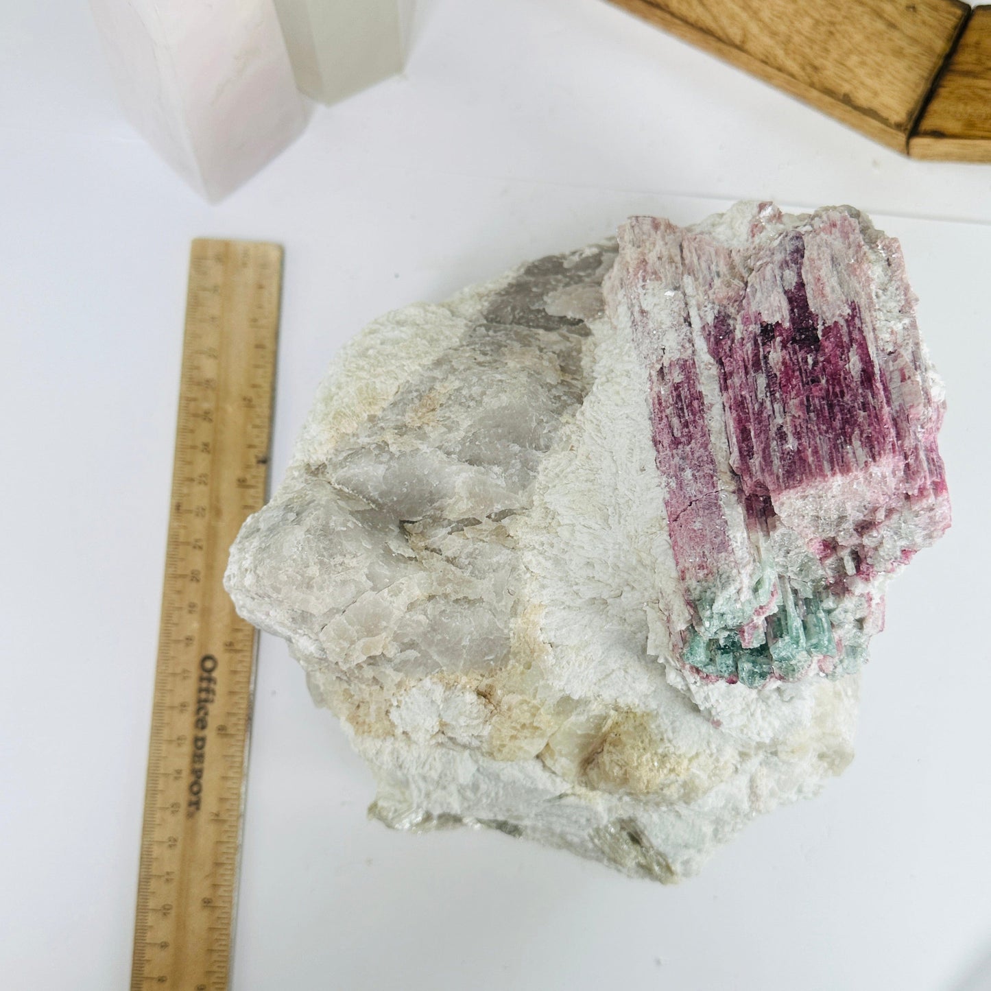 watermelon tourmaline next to a ruler for size reference