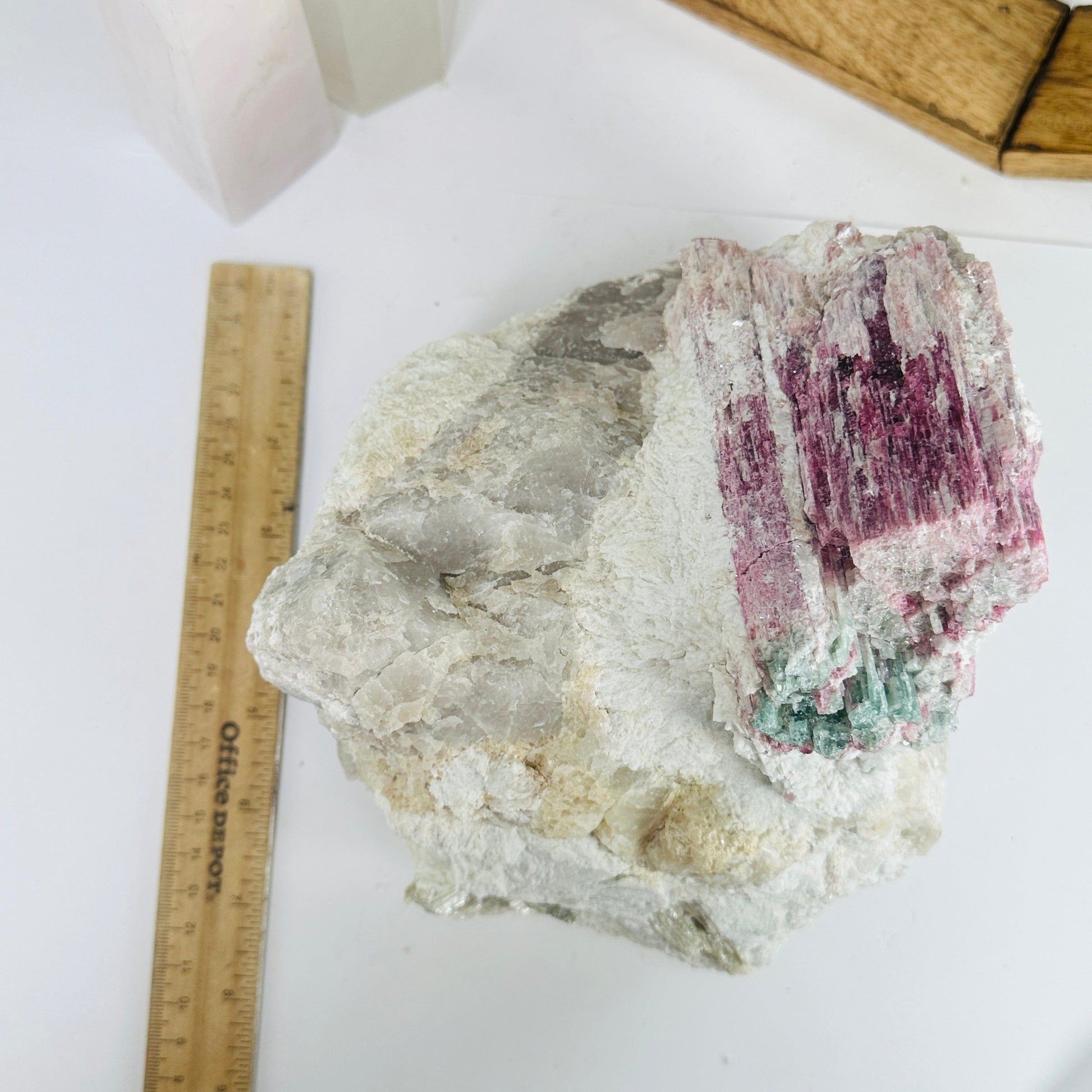 watermelon tourmaline next to a ruler for size reference