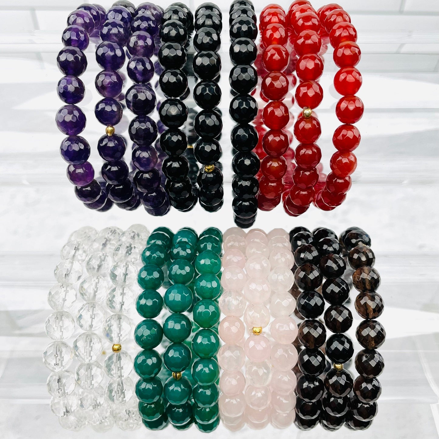 Faceted Gemstone Bracelet - 8mm Crystal Beads with Gold Accent
