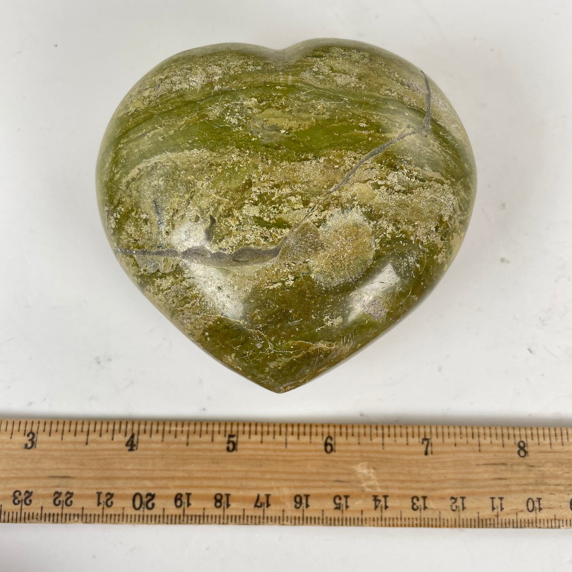Green Pistachio Opal Crystal Heart - One-of-a-Kind #3 with ruler for size reference