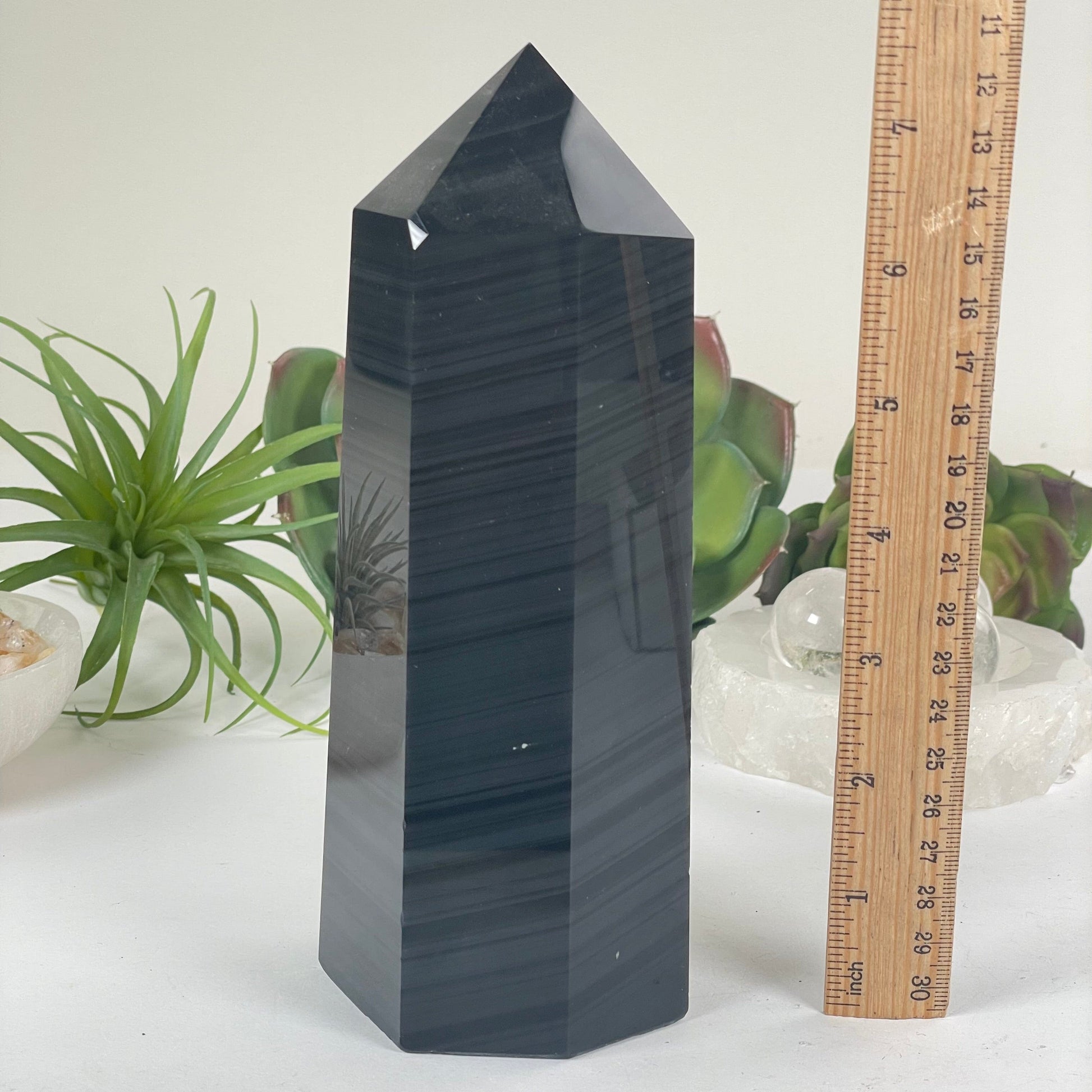 Silver Sheen Obsidian Crystal Obelisk - One-of-a-Kind with ruler for size reference