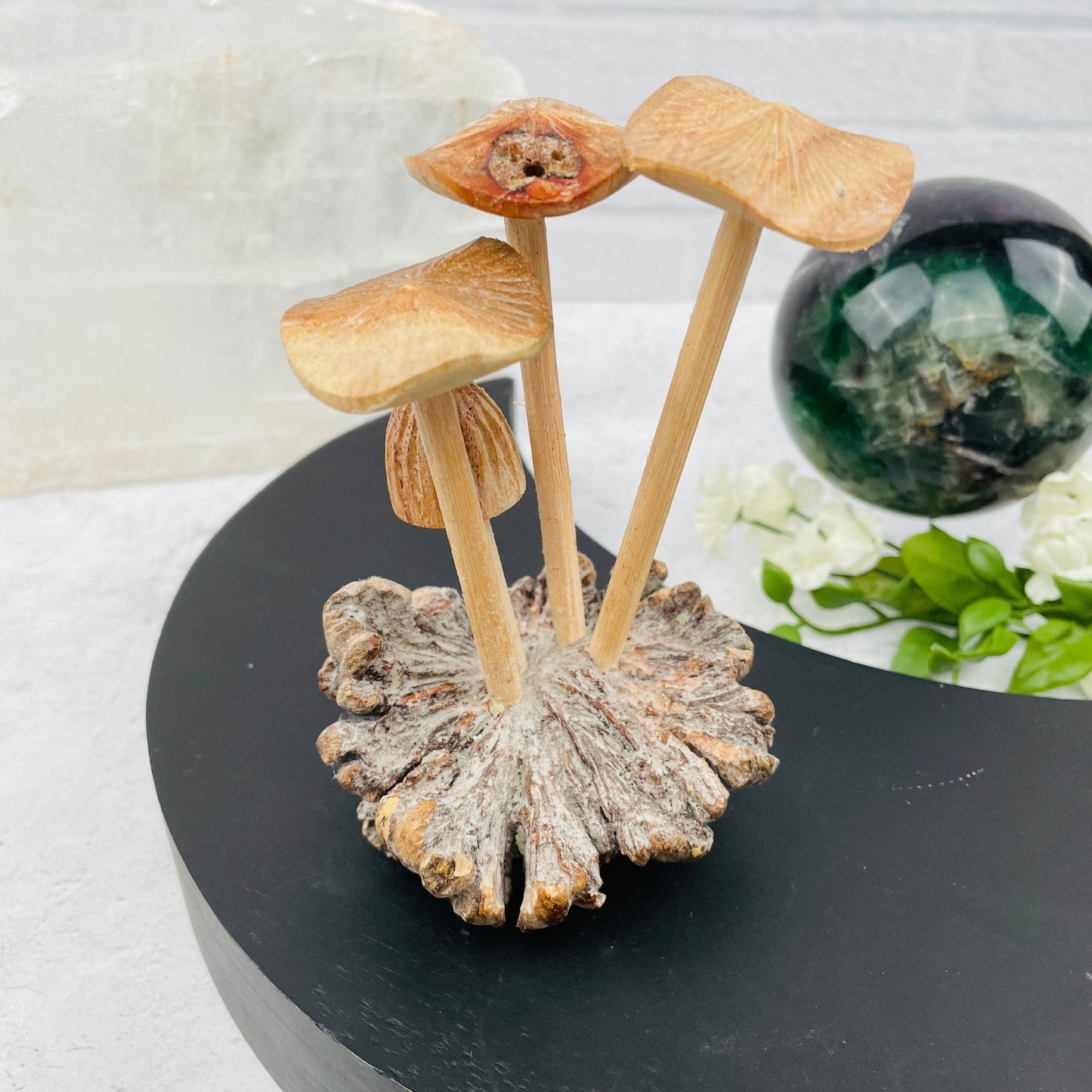 carved mushroom displayed as home decor