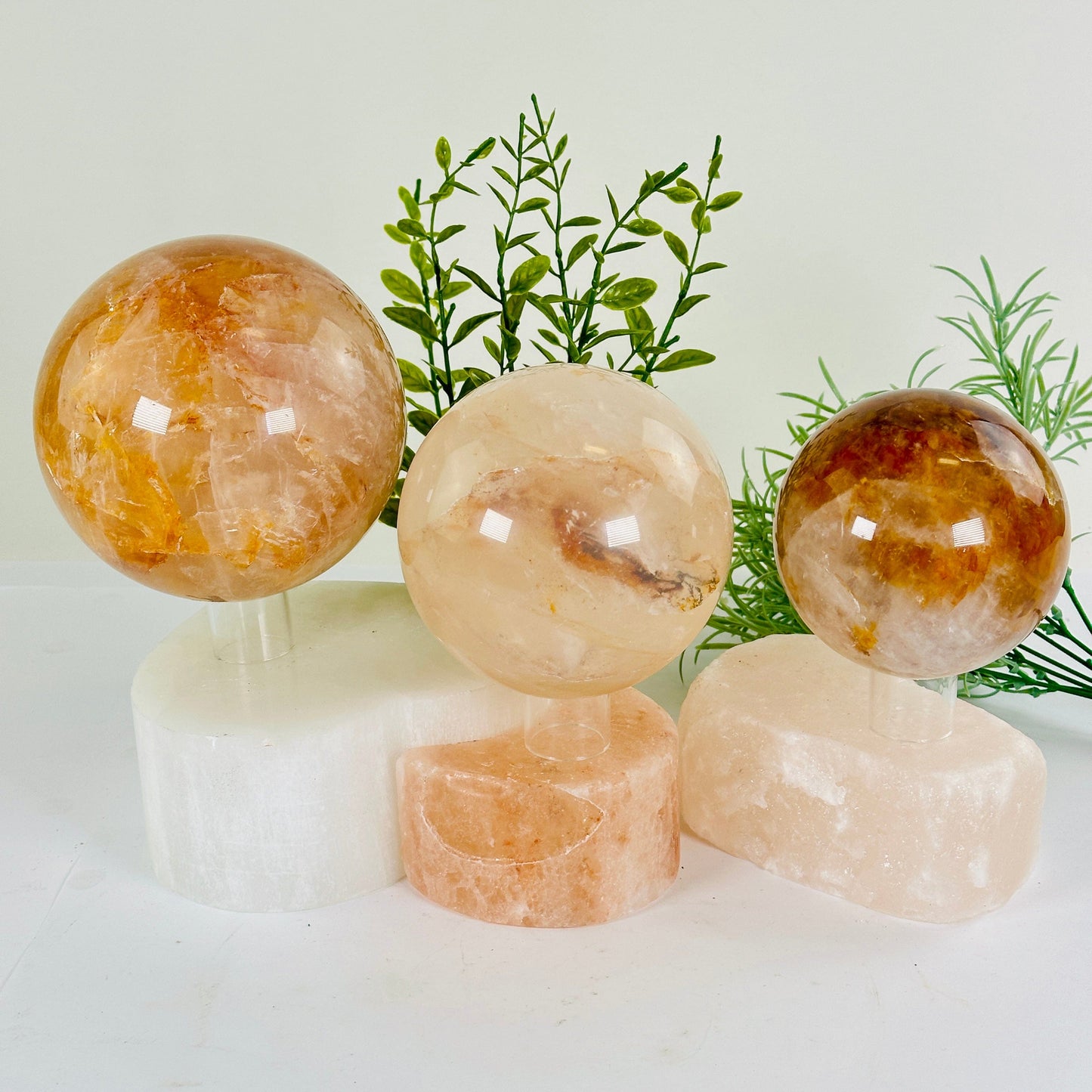 Golden Healer Large Polished Crystal Sphere - You Choose #2 all variants on platforms with props and plants in the background