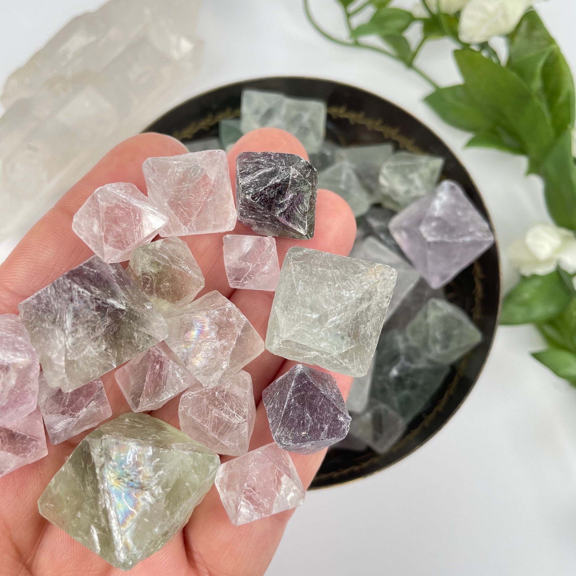 Rainbow Fluorite Octahedron Cubes in hand for size reference 
