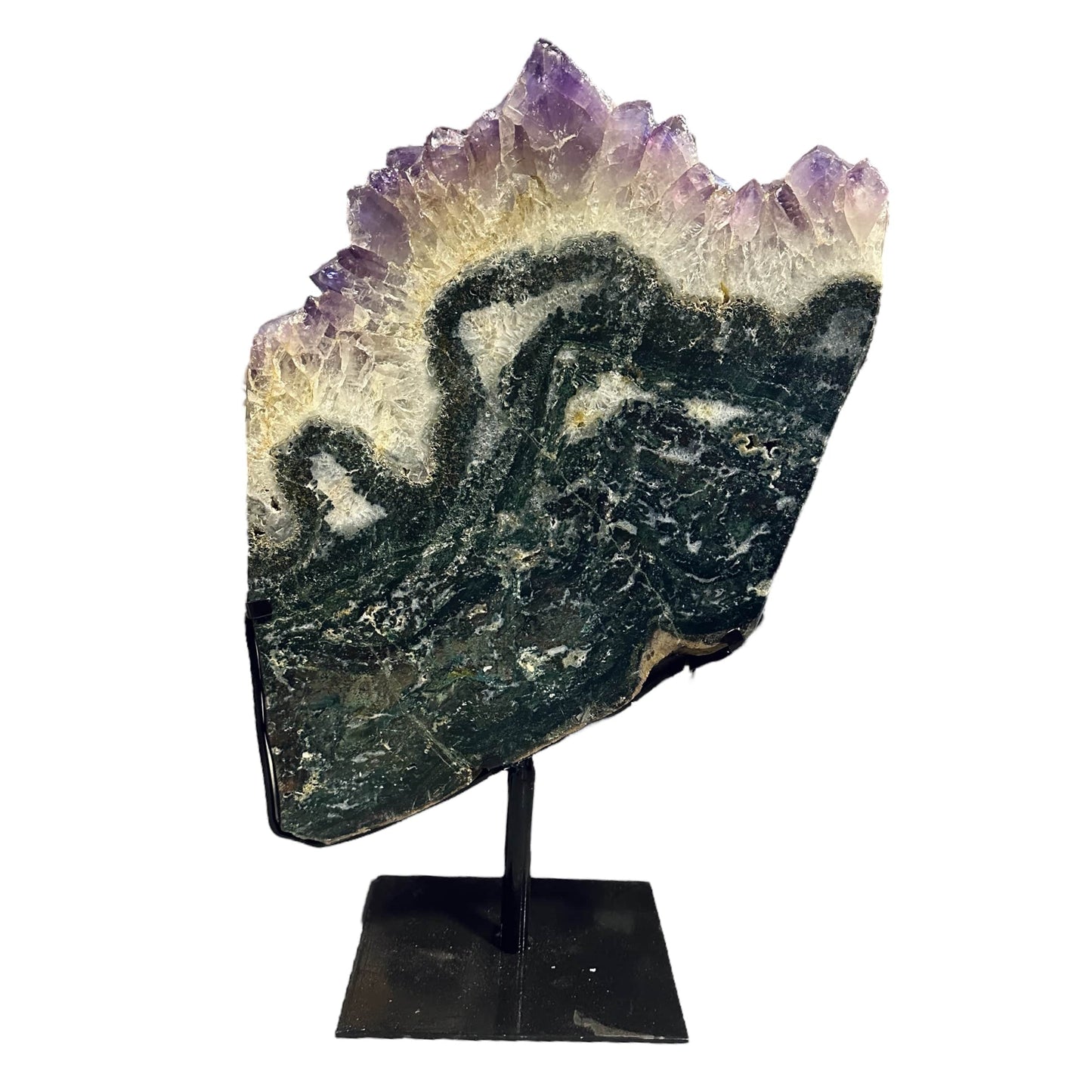 amethyst with jasper on metal stand on white background
