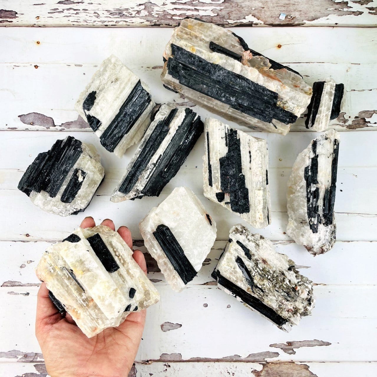 10 large to small Black Tourmaline on Matrix pieces to show what 5 Kilo would possibly look like as every piece is unique and different
