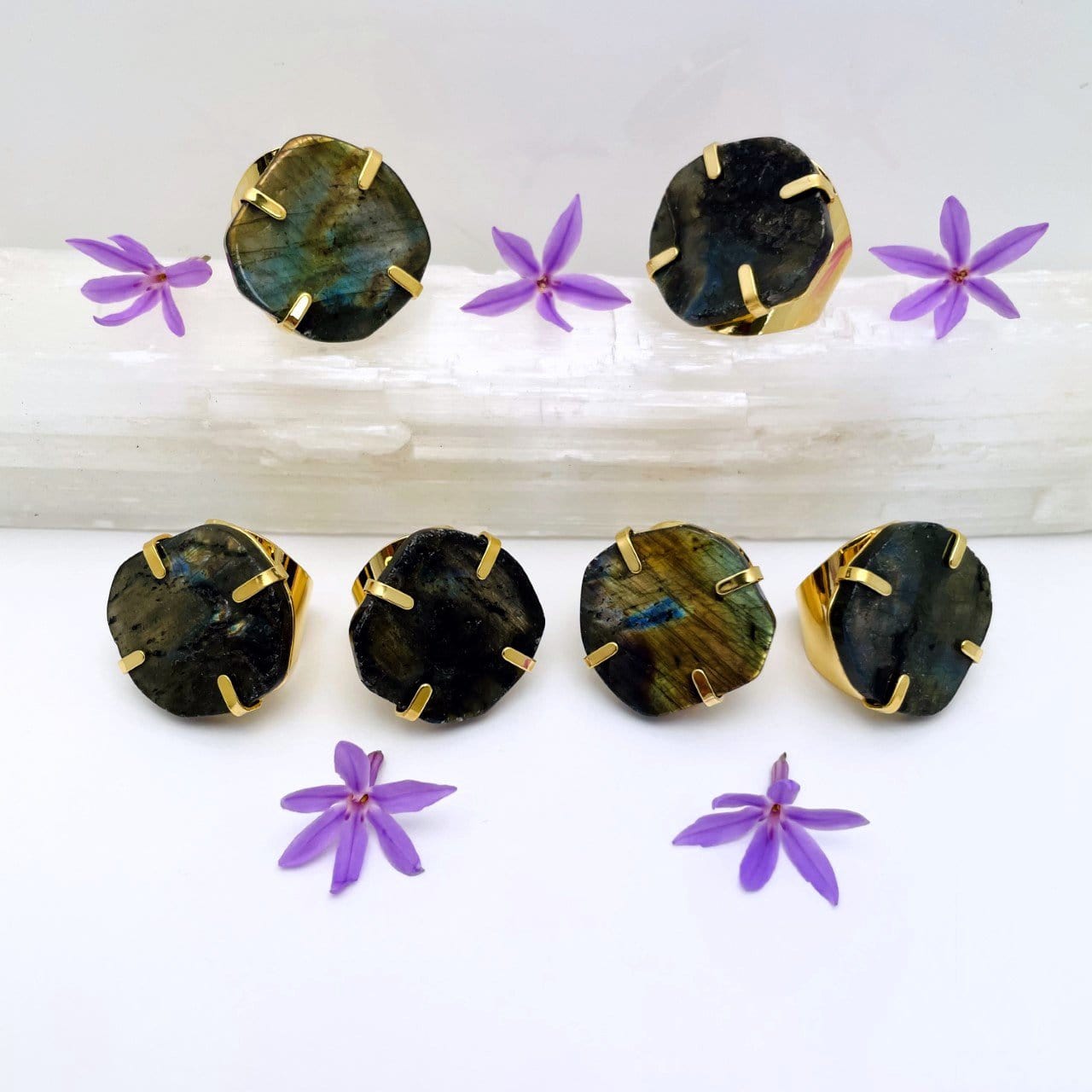 labradorite adjustable ring displayed in white background