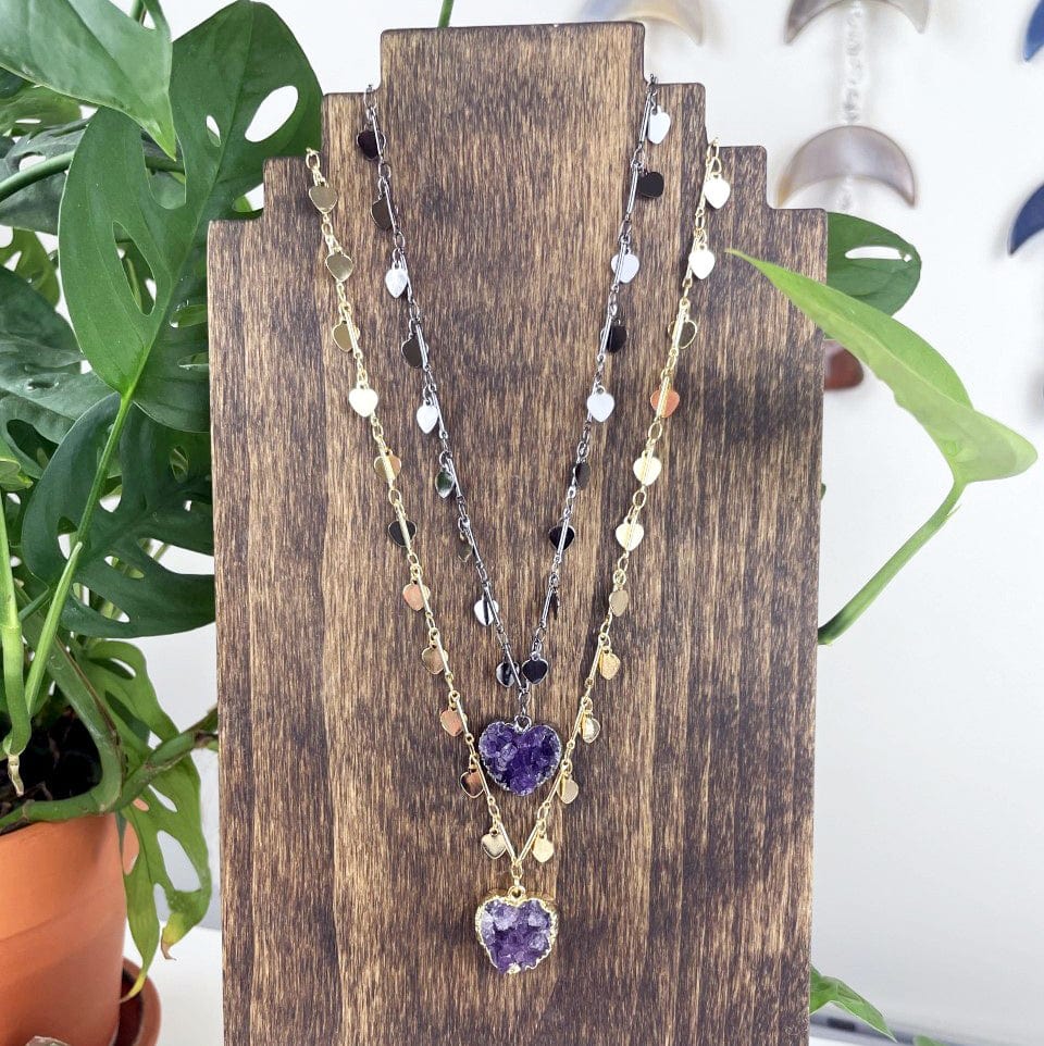 Amethyst Druzy Heart on Sweetheart Necklace with Heart Dangle Chain in  Gold and Gunmetal on a stand