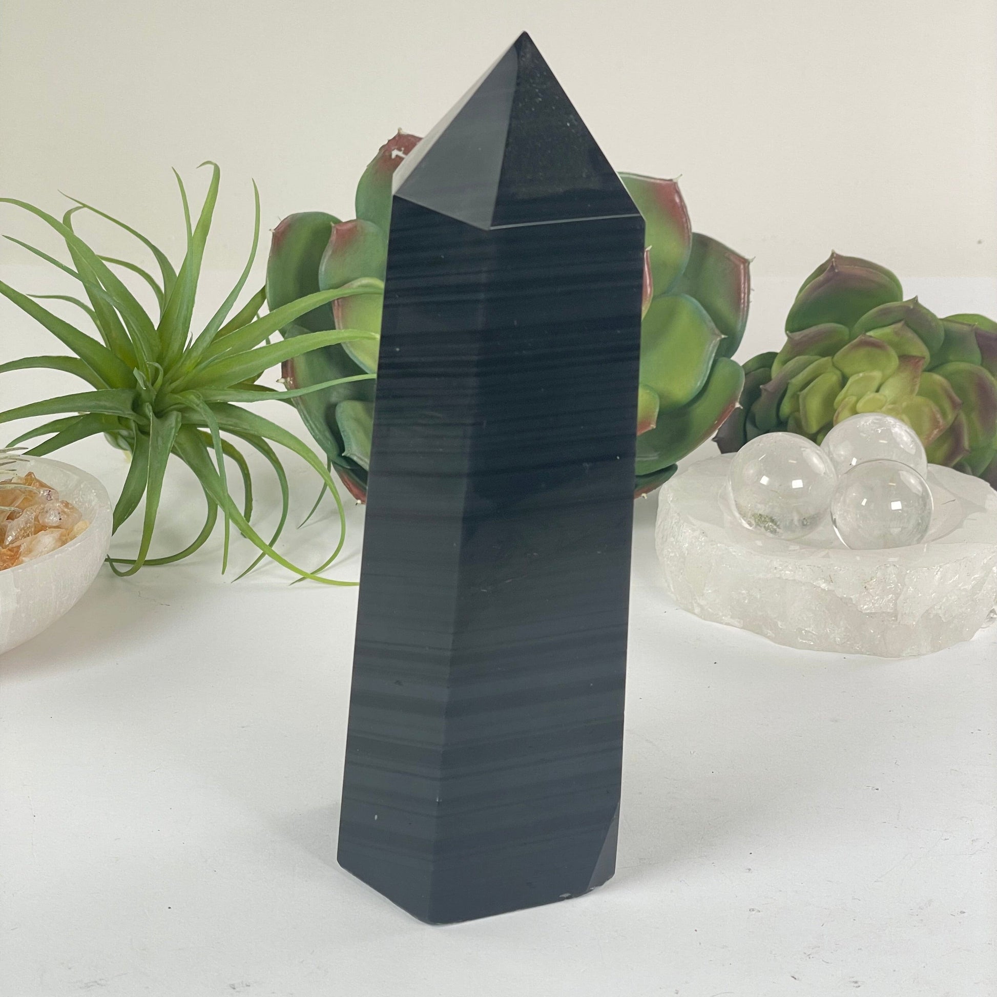 Silver Sheen Obsidian Crystal Obelisk - One-of-a-Kind side view