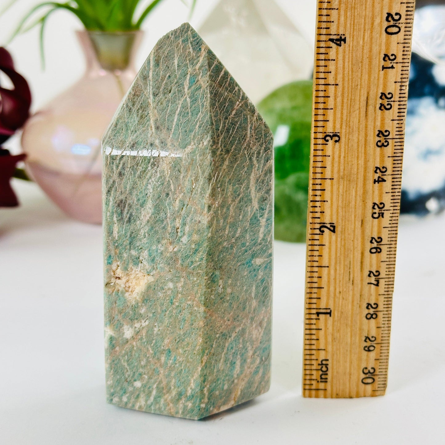 Amazonite Polished Crystal Point #1 with ruler for size reference