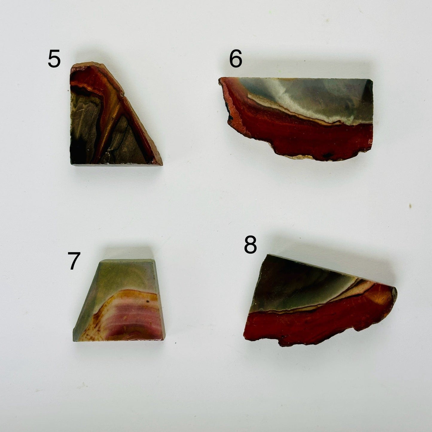 Polychrome Jasper Semi Polished Crystal Slab - You Choose #2 variants 5, 6, 7, and 8 labeled