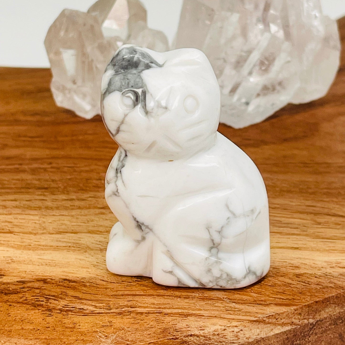close up of the white howlite gemstone cat
