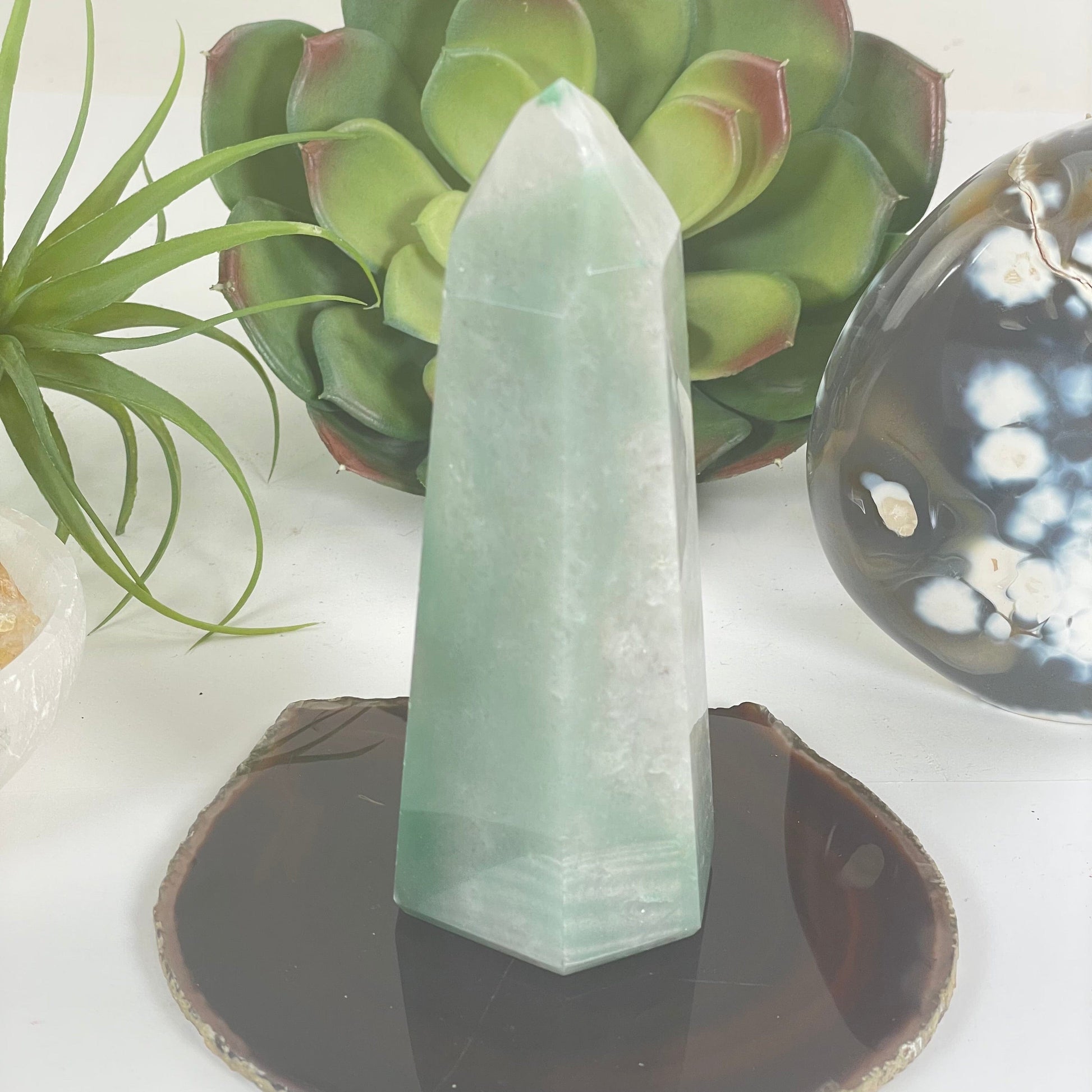 Green and White Quartz Polished Crystal Point - One-of-a-Kind side view