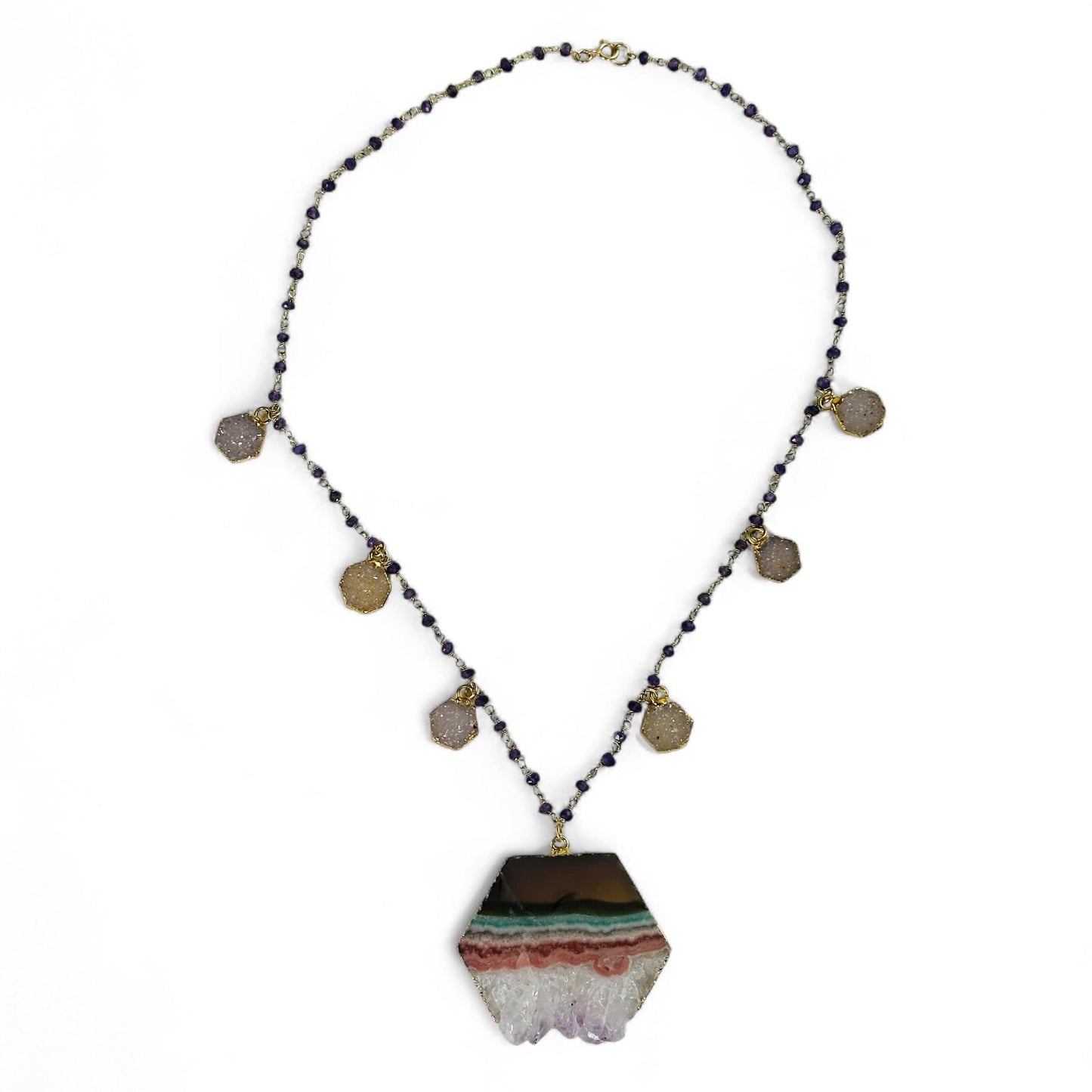 Amethyst Hexagon Crystal Charm Necklace with Amethyst Beaded Chain - Gold over Sterling Silver on white background