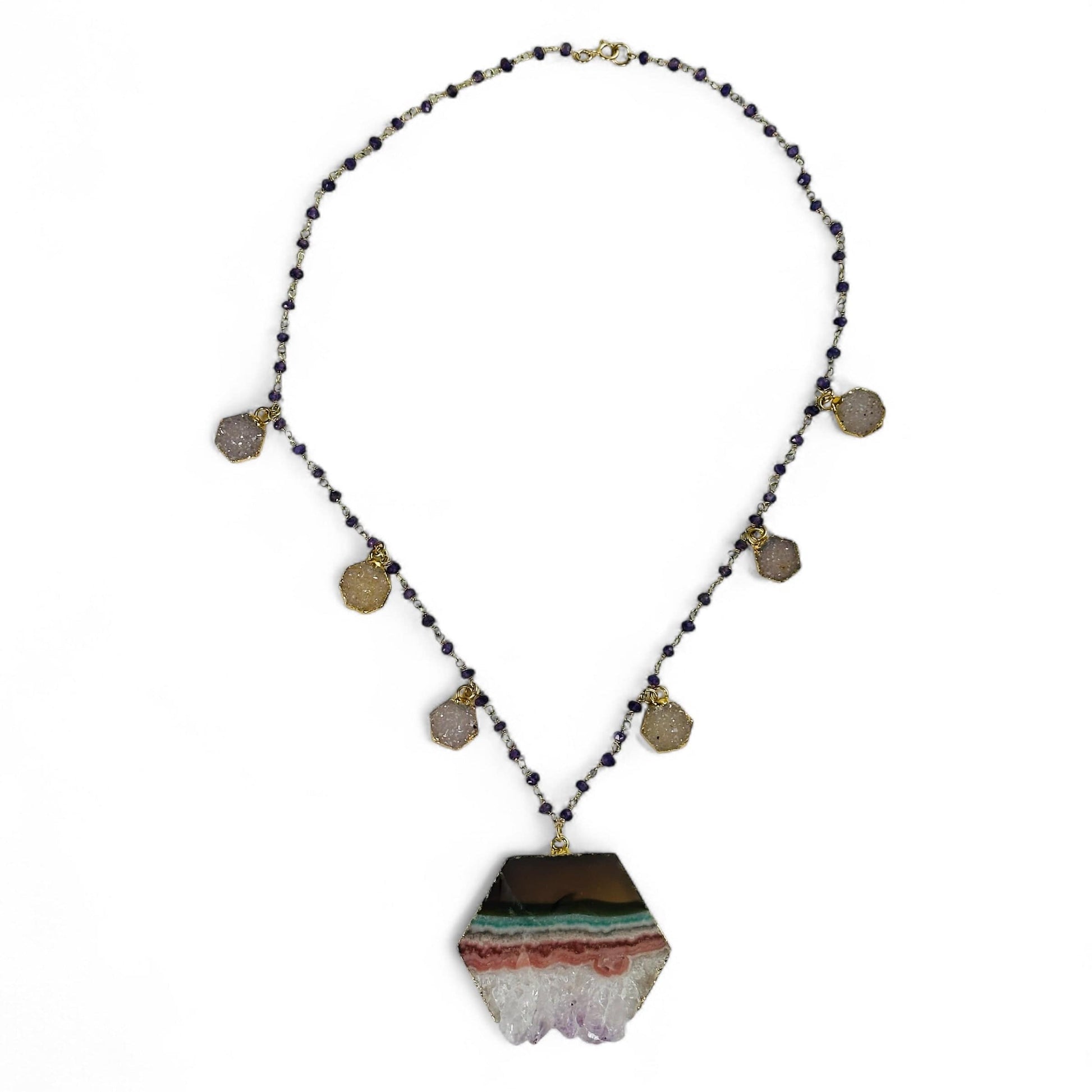 Amethyst Hexagon Crystal Charm Necklace with Amethyst Beaded Chain - Gold over Sterling Silver on white background